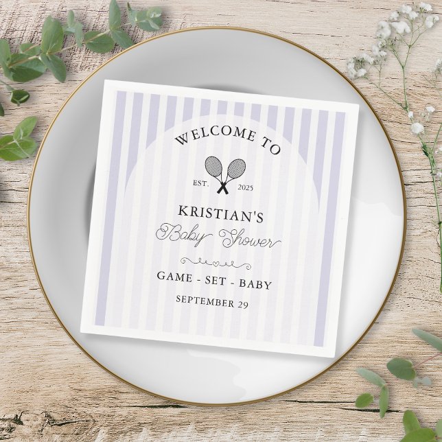 Guardanapo De Papel Chá de fraldas do Clube de Tênis de Roxo Preppy (elegant light purple stripes tennis theme baby shower napkins for chic preppy country club events)