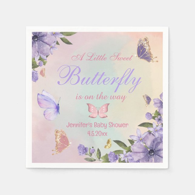 Guardanapo De Papel chá de fraldas floral roxo de borboleta (Frente)