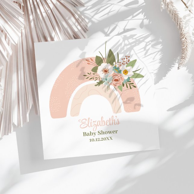 Guardanapo De Papel Chá de fraldas Inverso Floral Rosa Napkins (Pink Floral Rainbow Baby Shower Napkins on a sunny white table.)