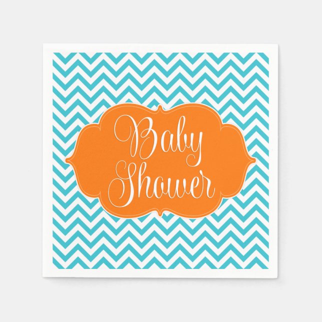 Guardanapo De Papel Chá de fraldas Laranja Teal Moderno Chevron (Frente)