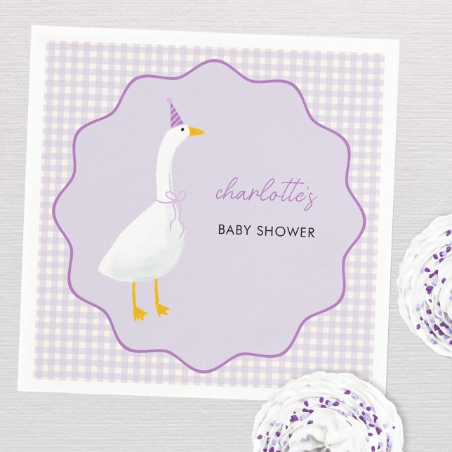 Guardanapo De Papel Chá de fraldas Lilac Gingham de Pequeno Ganso (Little Goose geese themed personalized custom name baby shower party paper napkin pastel lilac)