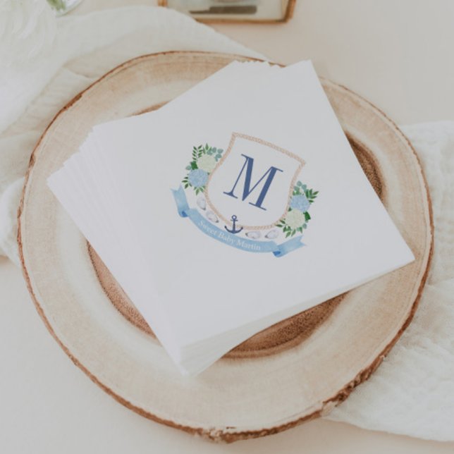 Guardanapo De Papel Chá de fraldas Monograma Costeiro Pintado à Mão (Beachy coastal monogram crest blue and white baby shower napkins)