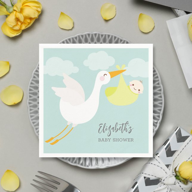 Guardanapo De Papel Chá de fraldas Neutro de Gênero do Pacote de Armaz (Yellow stork bundle unisex baby shower personalized cocktail napkins)