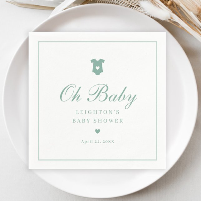 Guardanapo De Papel Chá de fraldas neutro de script verde Elegante Sag (Elegant Sage Green Oh Baby Script Gender Neutral Baby Shower Napkins.)