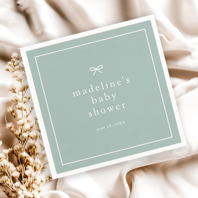 Guardanapo De Papel Chá de fraldas neutro de sexo simples e elegante (Simple bow sage green gender neutral baby shower napkins.)