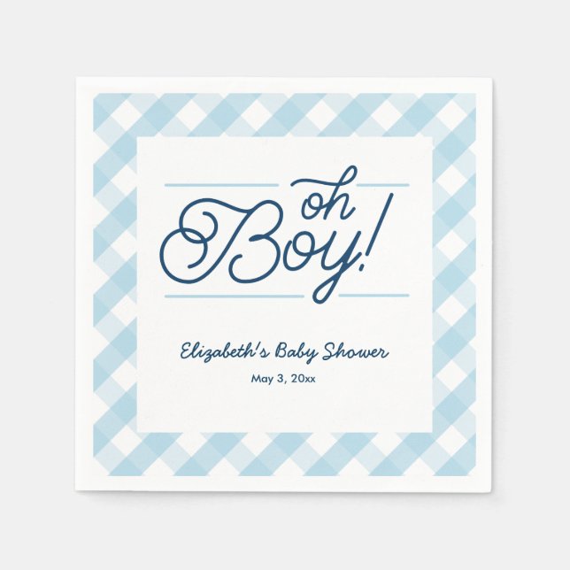 Guardanapo De Papel Chá de fraldas "Oh Boy" Blue Gingham (Frente)