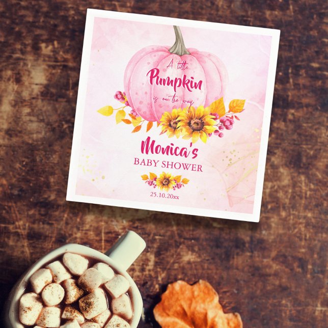 Guardanapo De Papel Chá de fraldas rosa-abóbora (Little pumpkin baby shower tableware personalized napkins pink pumpkin sunflowers autumn foliage )