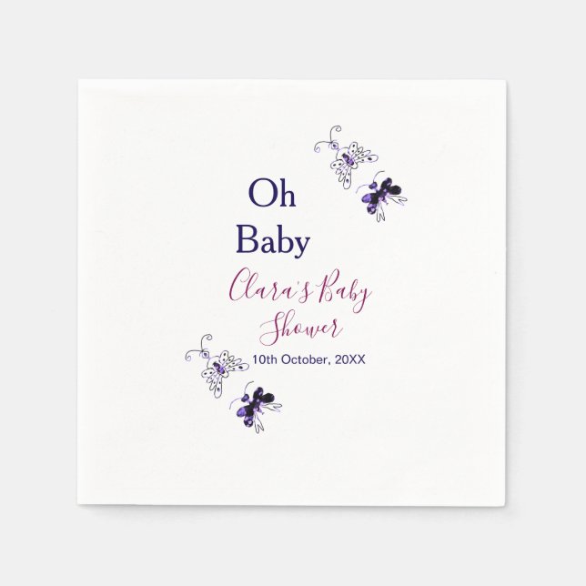 Guardanapo De Papel Chá de fraldas rosa-borboleta roxa oh bebê moderno (Frente)