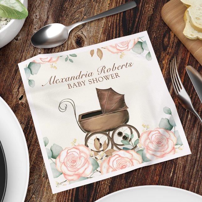 Guardanapo De Papel Chá de fraldas Rosa Floral Personalizado (Blush pink vintage floral baby carriage custom paper napkin.)