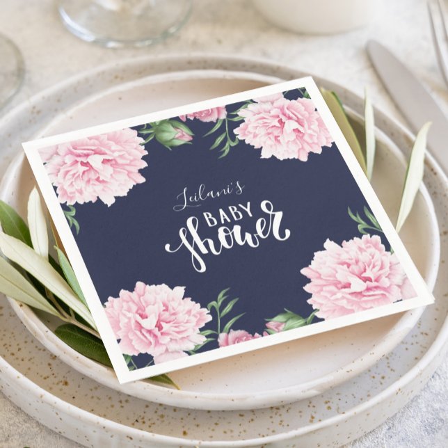 Guardanapo De Papel Chá de fraldas Rosa, Peony Floral Marinho Azul (Pink peony watercolor botanical floral with a navy background and fun typography napkin for a shower)