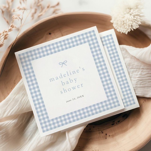 Guardanapo De Papel Chá de fraldas Simples Gingham Arco Dusty Blue Boy (Dusty blue bow gingham boys baby shower napkins.)