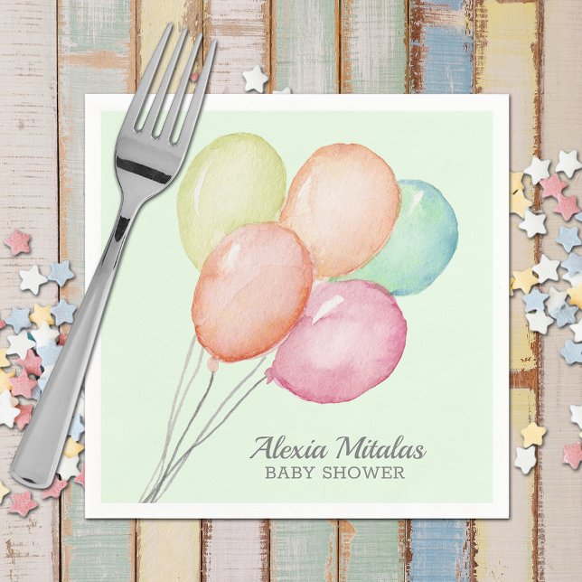Guardanapo De Papel Chá de fraldas Unisex de Balões de Aquarela (Watercolor Balloons Unisex Baby Shower Green Napkins)