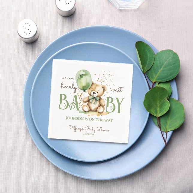 Guardanapo De Papel Chá de fraldas verde-castanho de ursinho (Bearly wait cute teddy bear sage green balloon baby shower monogram printed napkins table decor)