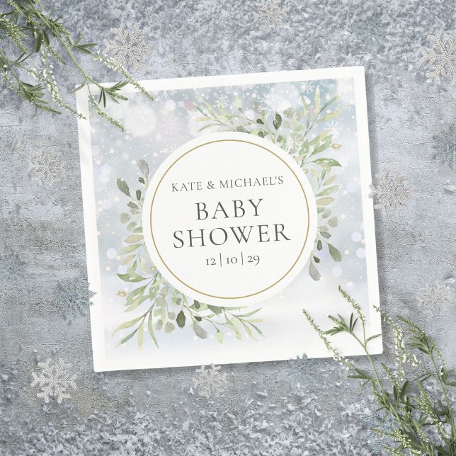 Guardanapo De Papel Chá de fraldas verde em flocos de neve de inverno (Winter Snowflakes Greenery Baby Shower Napkins)