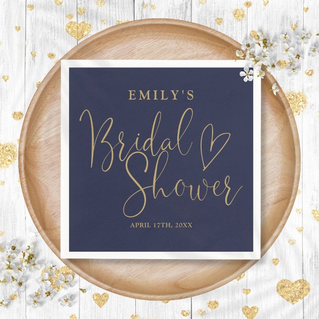 Guardanapo De Papel Chá de Noiva Azul Marinho Dourado Caligrafia Scrip (Navy Blue Gold Script Calligraphy Bridal Shower Napkins)