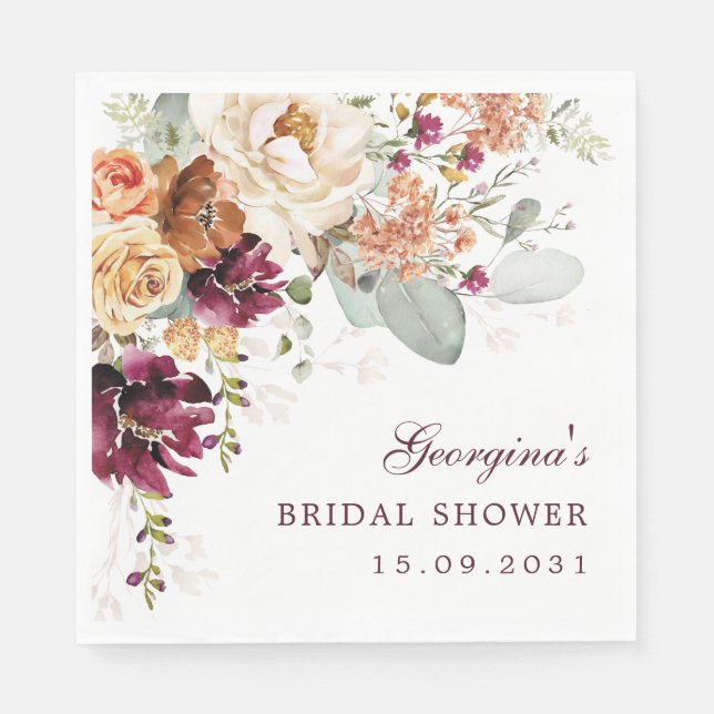 Guardanapo De Papel Chá de Noiva Boho Terracotta Vinho Floral (Frente)