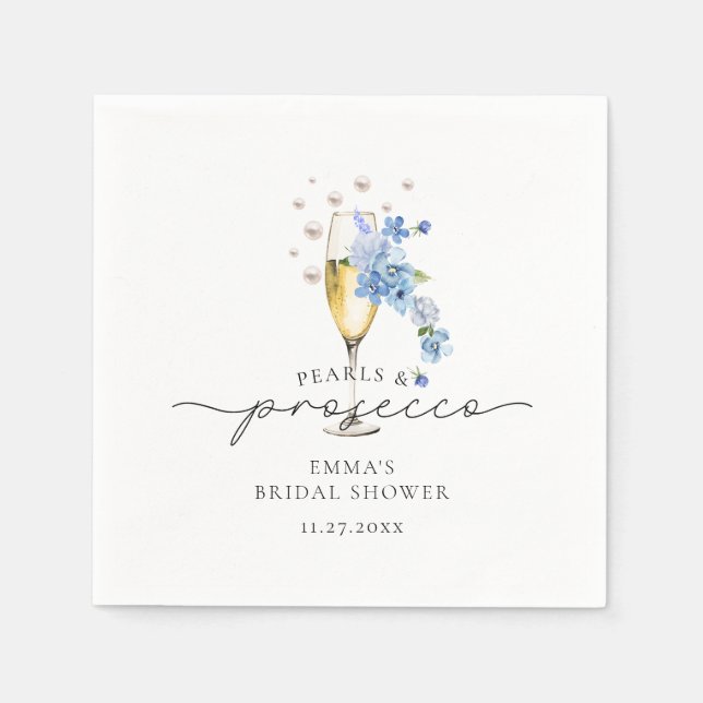 Guardanapo De Papel Chá de Noiva Dusty Blue Floral Pérolas e Prosecco (Frente)