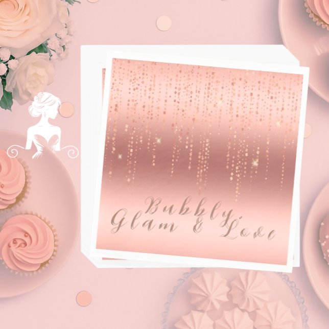 Guardanapo De Papel Chá de Noiva Elegante em Dourado Rosa com Confetes (Elegant rose gold foil confetti bridal shower napkin with modern calligraphy and luxe metallic look.)