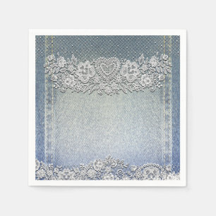 Guardanapo De Papel Chá de Noiva em Jeans Azul e Renda Branca do Coraç