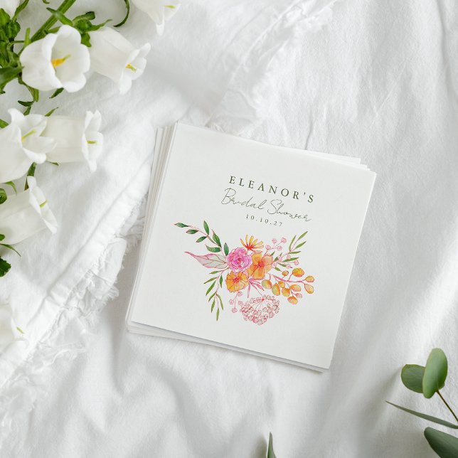 Guardanapo De Papel Chá de Noiva Floral Cor-de-Rosa Laranja em Aquarel (Criador carregado)