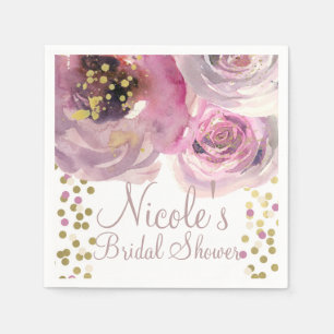 Guardanapo De Papel Chá de Noiva Floral em Aquarela Rosa e Dourado Mod