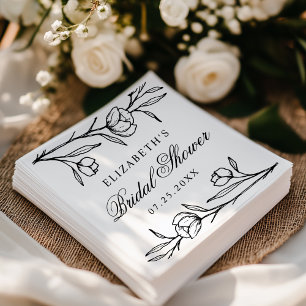 Guardanapo De Papel Chá de Noiva Floral Preto Esboçado Elegante