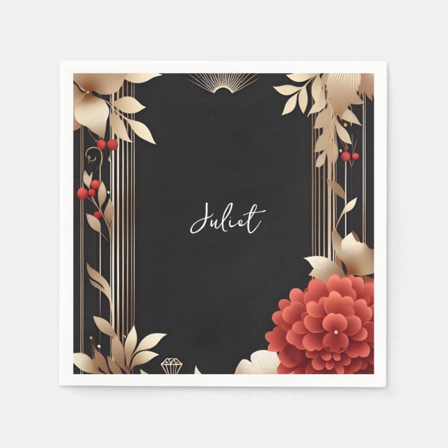 Guardanapo De Papel Chá de Noiva Jardim Diamante Vermelho Preto e Dour (Frente)