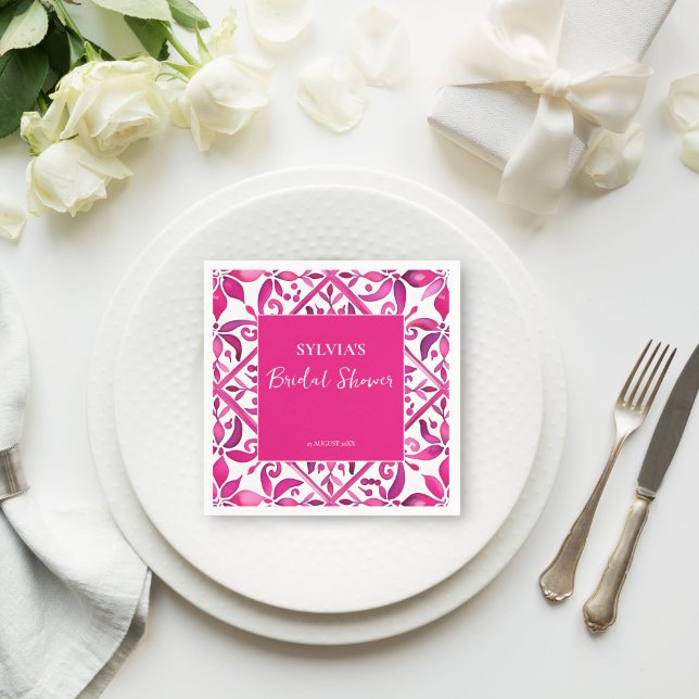 Guardanapo De Papel Chá de noiva mexicano em talavera espanhola rosa o (Bold pink Spanish talavera vintage Mexican bridal shower monogram printed  Napkins personalized deco)
