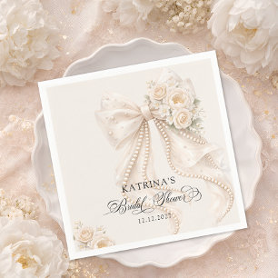 Guardanapo De Papel Chá de Noiva Pastel Elegante com Laço e Pérola