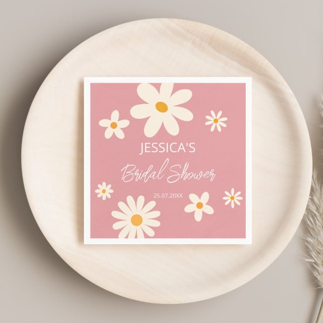 Guardanapo De Papel Chá de noiva rosa margarida retrô boho deserto (Retro daisy pink boho desert pink bridal shower monogrammed personalized printed napkins table decor)