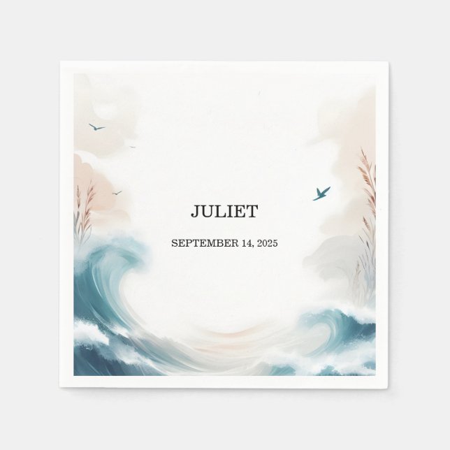 Guardanapo De Papel Chá de Noiva Verão Oceano Praia Água Azul (Frente)