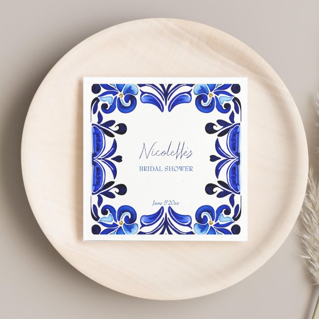 Guardanapo De Papel Chá de panela azulejo francês azul mediterrânico (French Blue Mediterranean Spanish tiles bridal shower printed Napkins template personalized tablewar)
