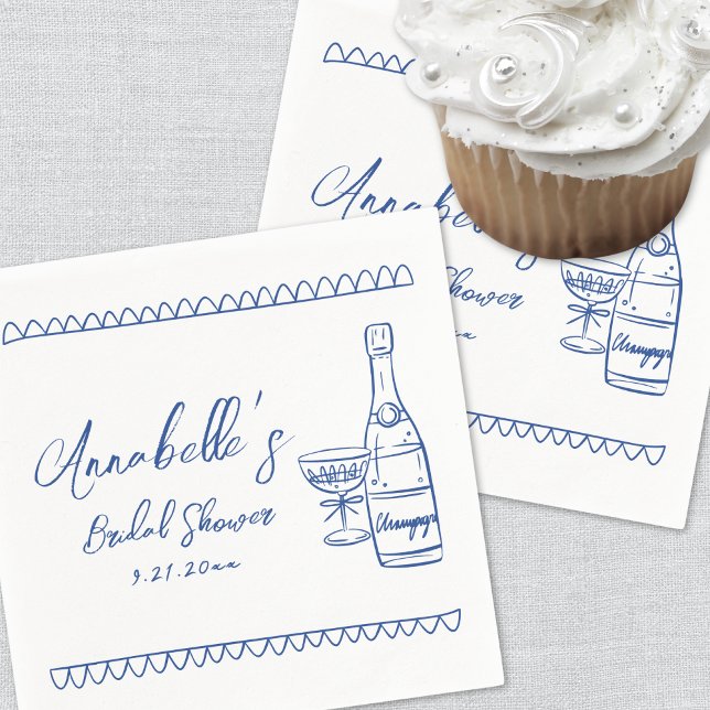 Guardanapo De Papel Chá de panela Branco Desenho Mão Azul (Hand Drawn Whimsical Blue Bridal Shower Napkins)
