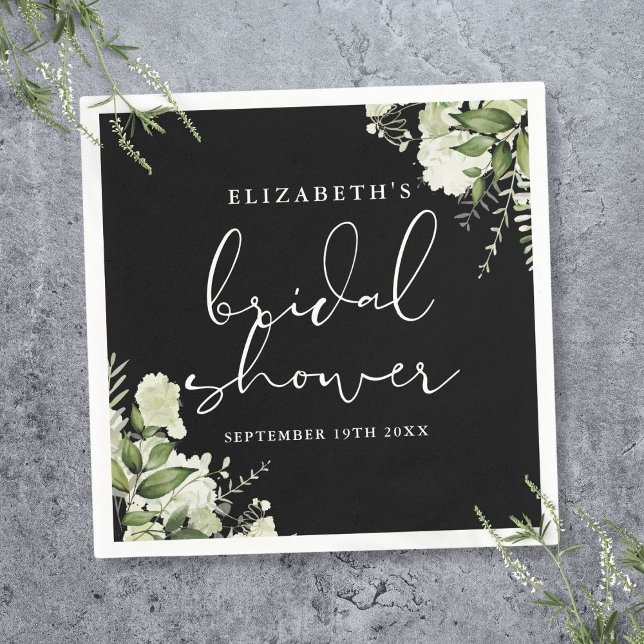 Guardanapo De Papel Chá de panela Branco e Preto Elegante Verde (Greenery Elegant Black And White Bridal Shower Napkins)