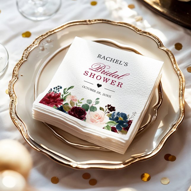 Guardanapo De Papel Chá de panela Chic Azul Floral Blush Burgundy (Criador carregado)