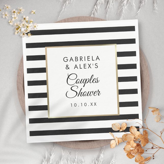 Guardanapo De Papel Chá de panela de Casais Dourados Elegantes com Fai (Black Stripe Elegant Gold Couples Bridal Shower Napkins)