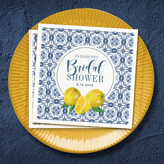 Guardanapo De Papel Chá de panela de Casamento de Azulejo Azul Italian (Lemon Mediterranean Bridal Shower Napkin)
