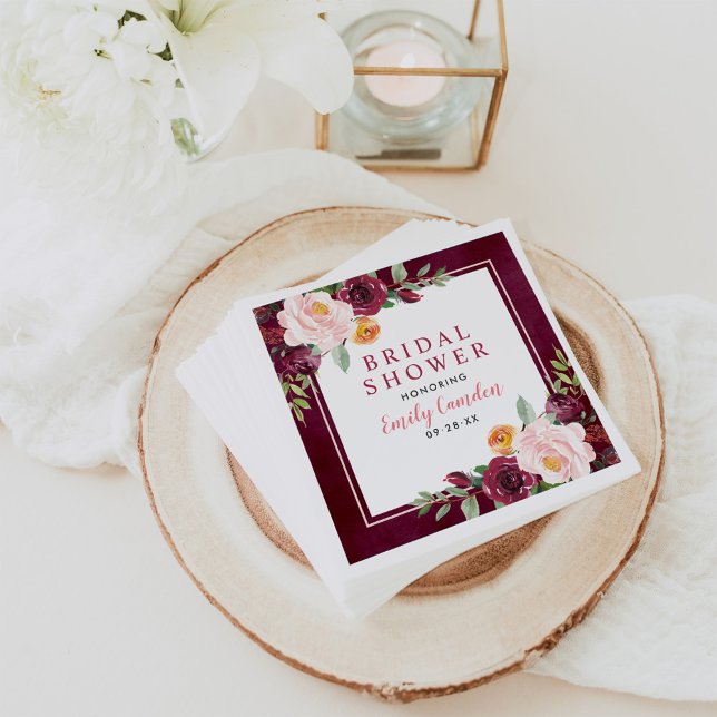 Guardanapo De Papel Chá de panela de Casamento Floral Rustic Burgundy (Criador carregado)
