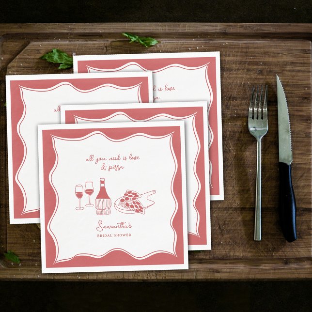 Guardanapo De Papel Chá de panela De Pizza Italiana Desenhada À Mão Ve (Red Hand Drawn Italian Pizza Wine Bridal Shower Napkins)