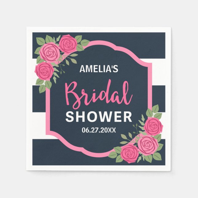 Guardanapo De Papel Chá de panela de Rosas Rosa com Stripes Brancas Az (Frente)