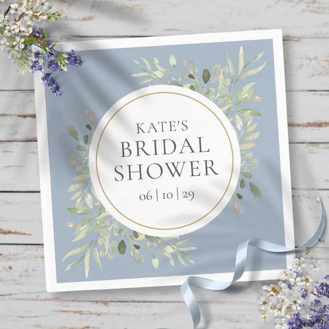 Guardanapo De Papel Chá de panela Elegante Dourado Dusty Blue Greenery (Elegant Gold Dusty Blue Greenery Bridal Shower Napkins)