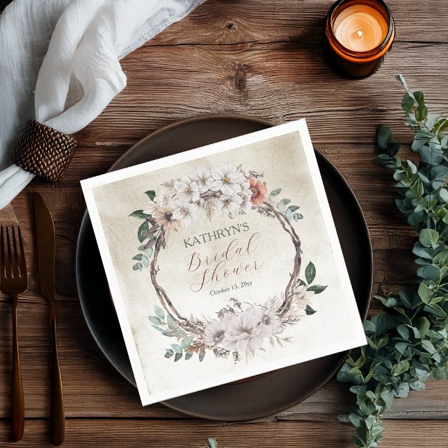 Guardanapo De Papel Chá de panela Floral Boho Mudo (Boho Muted Fall Floral and Grapevine Wreath "Fall in Love" Collection Bridal Shower Paper Napkins)