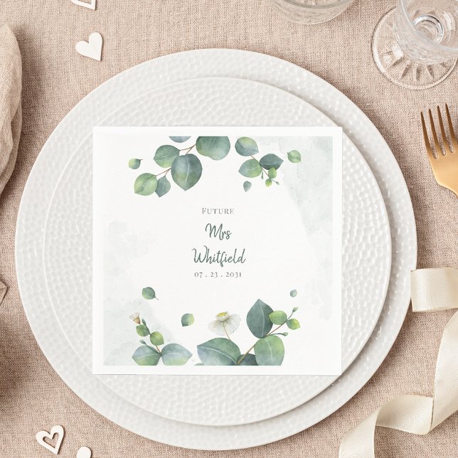 Guardanapo De Papel Chá de panela Greenery Eucalyptus Future Mrs Paper (Eucalyptus Greenery Script Bridal Shower Paper Napkin)
