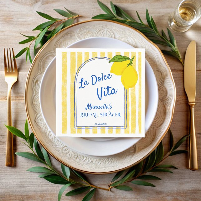 Guardanapo De Papel Chá de panela italiano Dolce vita yellow Lemons (Dolce vita retro yellow stripes Lemons vintage Italian bridal shower monogrammed Napkins )