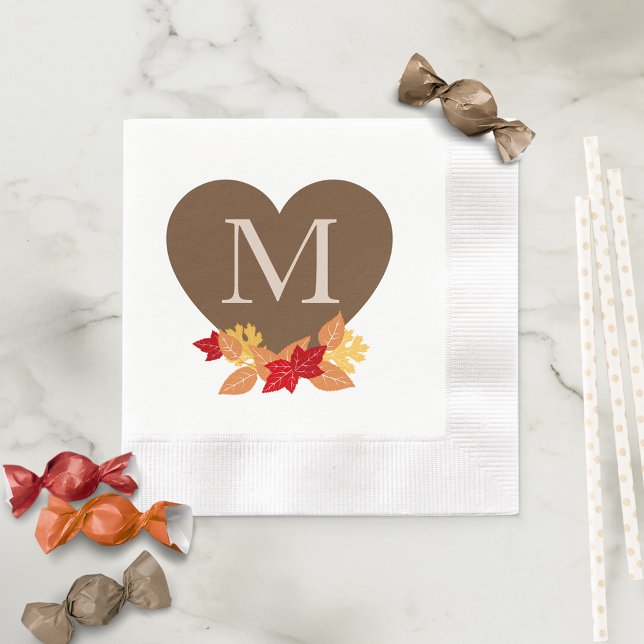 Guardanapo De Papel Chá de panela ou Casamento do Monograma de Queda (Fall Leaves Monogram Heart Paper Napkins for Fall in Love Bridal Shower or Fall Wedding)
