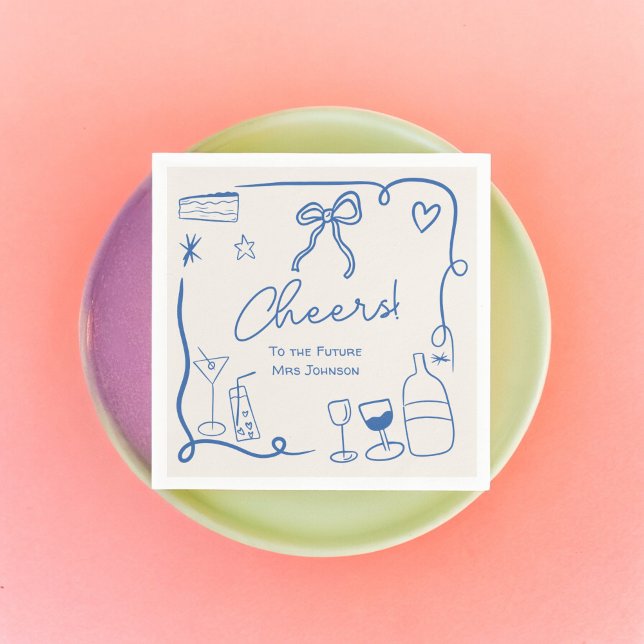 Guardanapo De Papel Chá de panela retro ilustrado à mão em azul (Retro blue handdrawn illustrated bridal shower napkins)