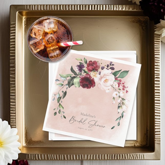 Guardanapo De Papel Chá de panela Rustic Burgundy & Blush Pink Roses (Rustic Burgundy & Blush Pink Roses Bridal Shower Napkins)