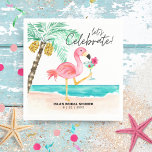 Guardanapo De Papel Chá de panela Tropical Flamingo Beach Cocktail<br><div class="desc">Os guardanapos festivos e divertidos apresentam um flamingo rosa na praia aproveitando um coquetel tropical ao lado de uma palmeira com legenda de "celebração de vamos" em uma escrita manual casual moderna. Arte da KL Stock.</div>