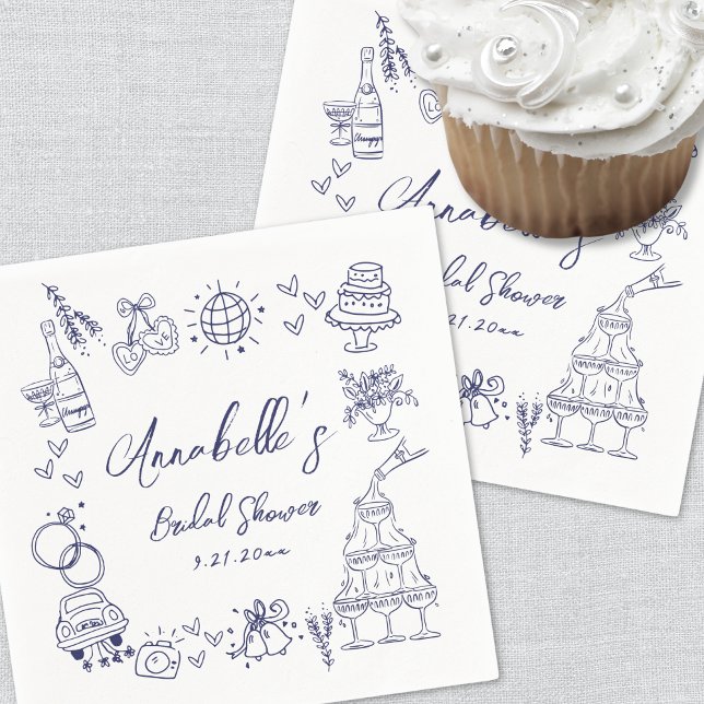 Guardanapo De Papel Chá de panela Whimsical Azul Marinho Desenhado à M (Hand Drawn Navy Blue Whimsical Bridal Shower Napkins)