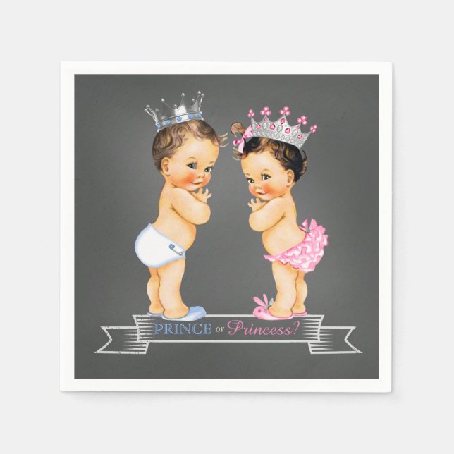 Guardanapo De Papel Chalkboard Gender Reveal Brunette Prince Princess (Frente)